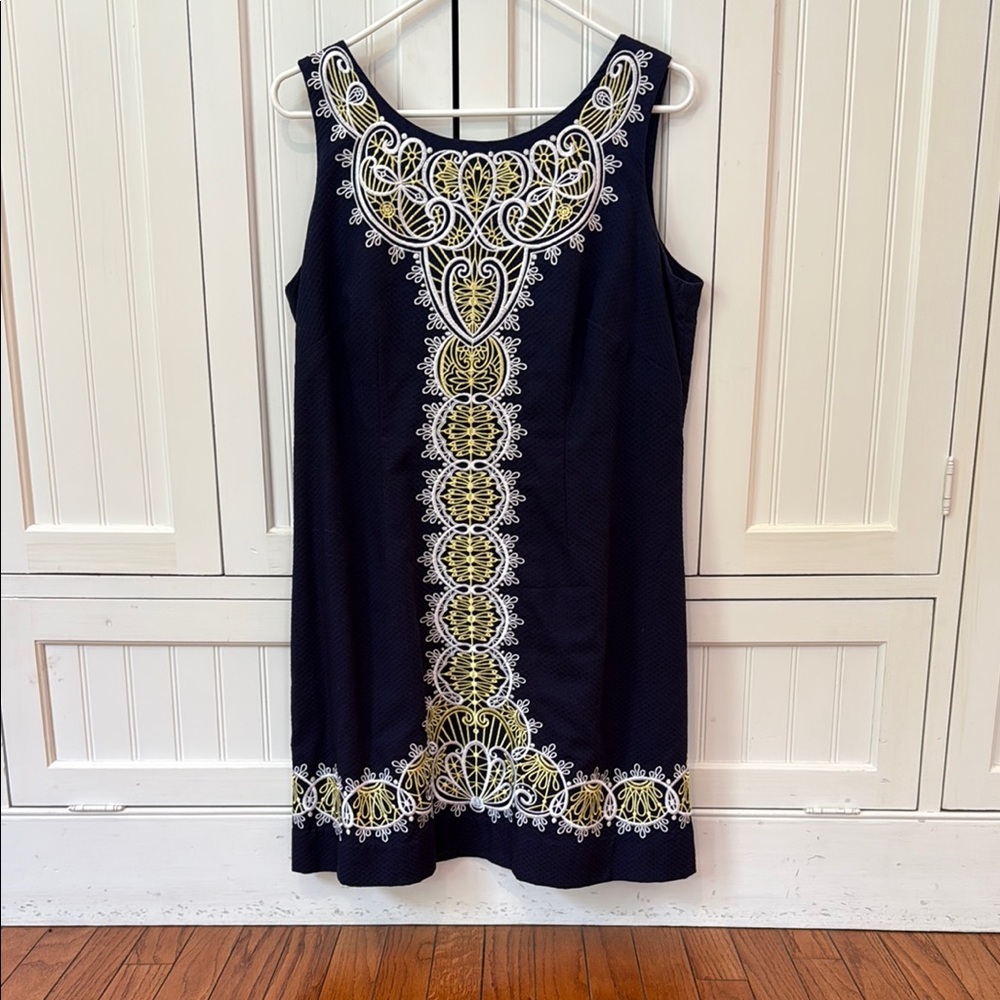 Lilly Pulitzer Navy Sheath Mini Dress with yellow and white embroidery